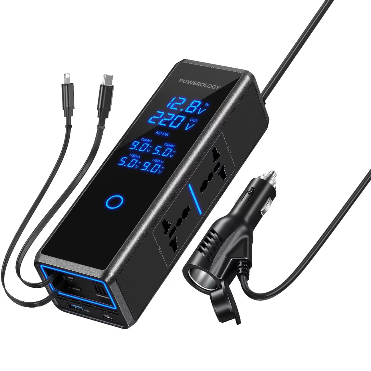 اینورتر فندکی 300 وات پاورولوژی Powerology مدل PWCUQC044/PWCPI300W با کابل