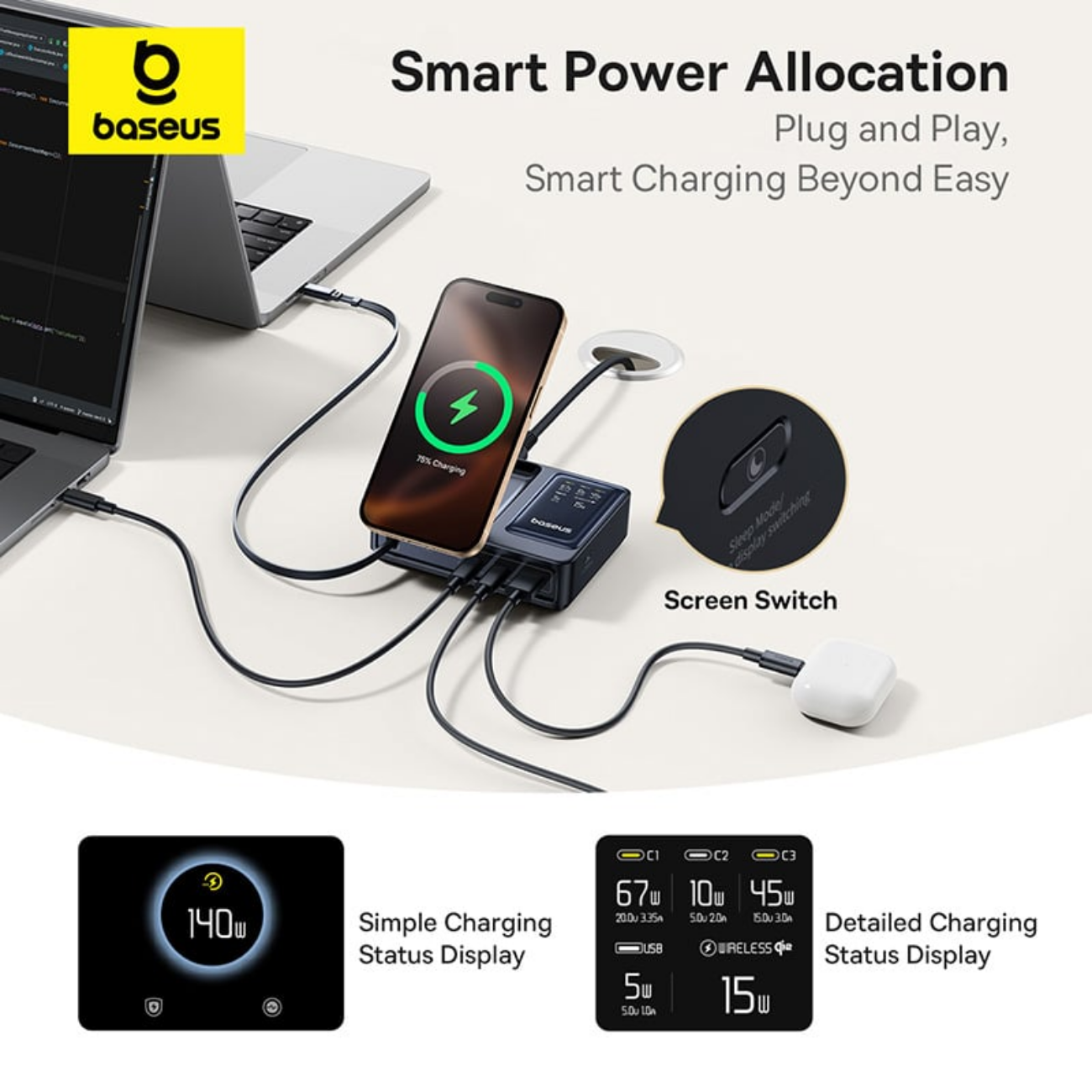 شارژر وایرلس 15 وات و هاب شارژر USB، تایپ‌سی و کابل تایپ‌سی جمع شونده 140 وات بیسوس Baseus CCNMS140 P10170901123-00