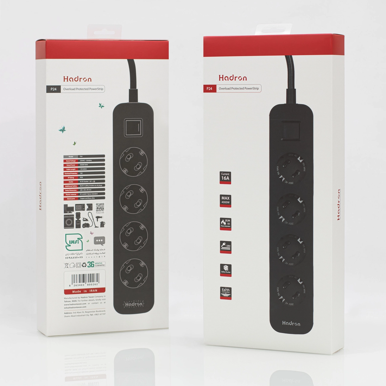 چند راهی برق ارت دار چهار سوکت هادرون Hadron P24 4 AC Way Power Strip 16A