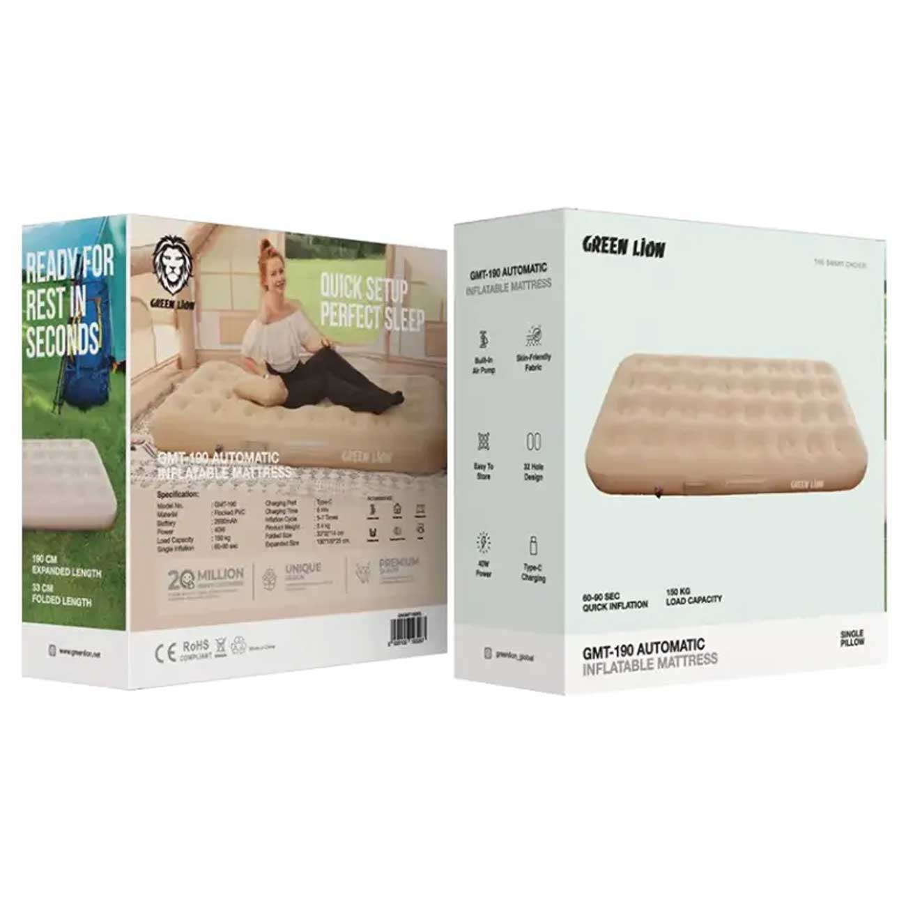 تشک کمپینگ بادی یک نفره خودکار گرین‌لاین با پمپ شارژی GNGMT190BG